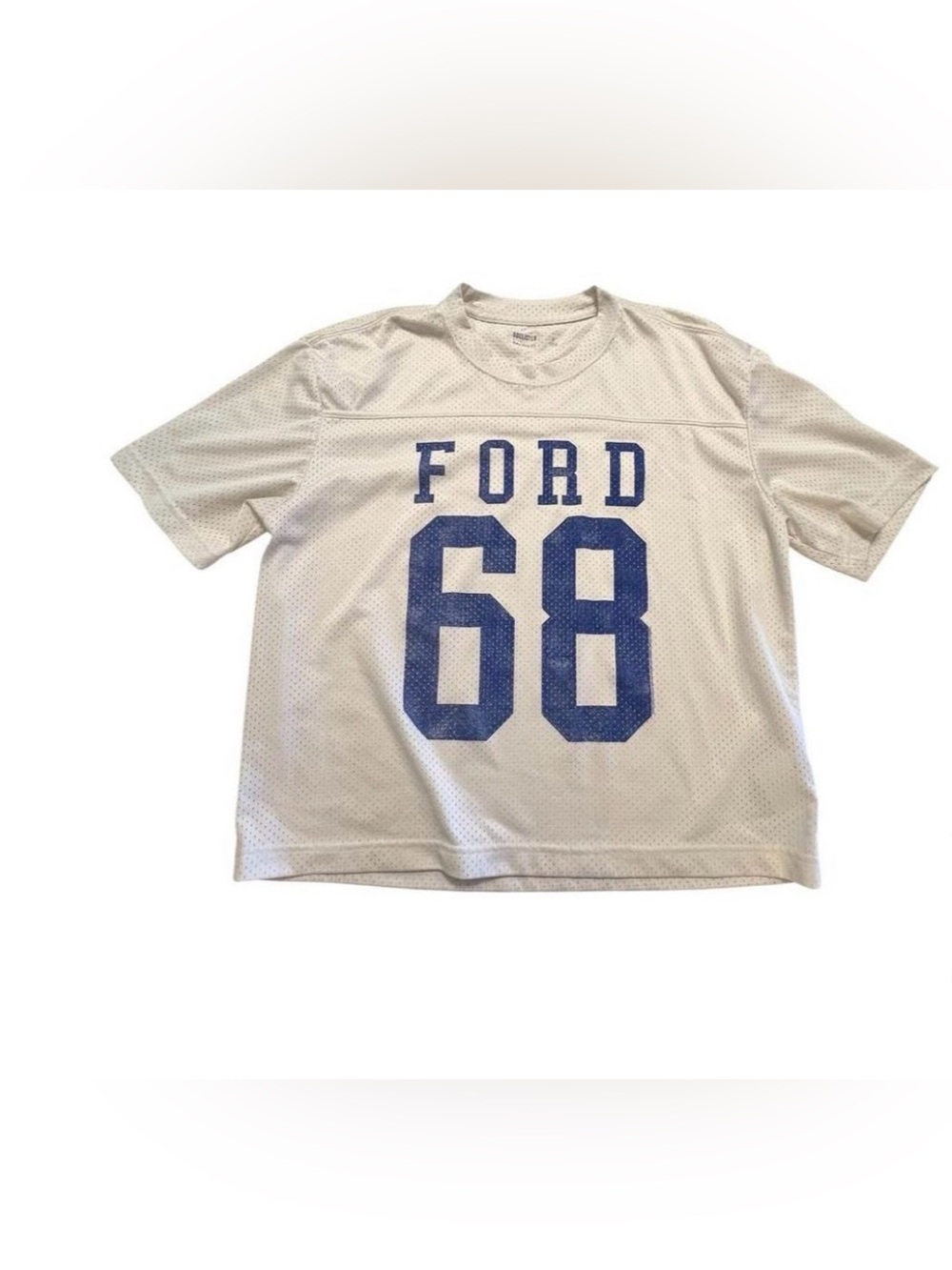 Hollister White Mesh Short Sleeve Jersey with Blue "68" Graphic